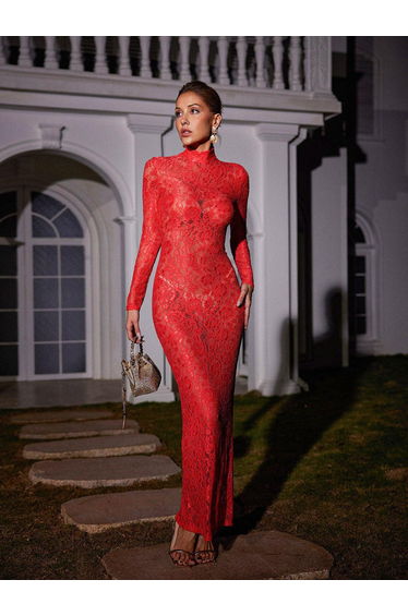 Damien Long Sleeve Lace Maxi Dress In Red