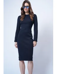 Dark Navy Blue Crew Neck Midi Length Knitted Dress - 4