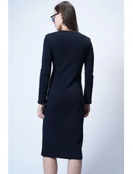 Dark Navy Blue Crew Neck Midi Length Knitted Dress - 5