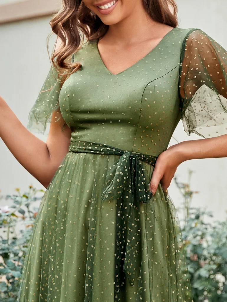 Leely Elegant V Neck Flounce Sleeve A-line Party Dress - 2