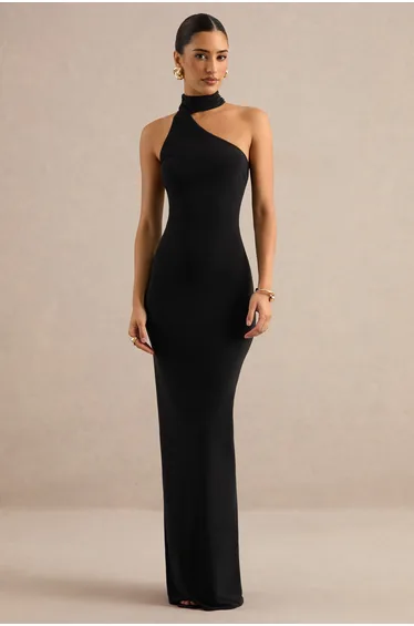 Maebelle | Black Asymmetric-Neck Maxi Dress With Collar