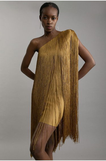 Petite Figure Form Bandage One Shoulder Fringe Mini Knit Dress