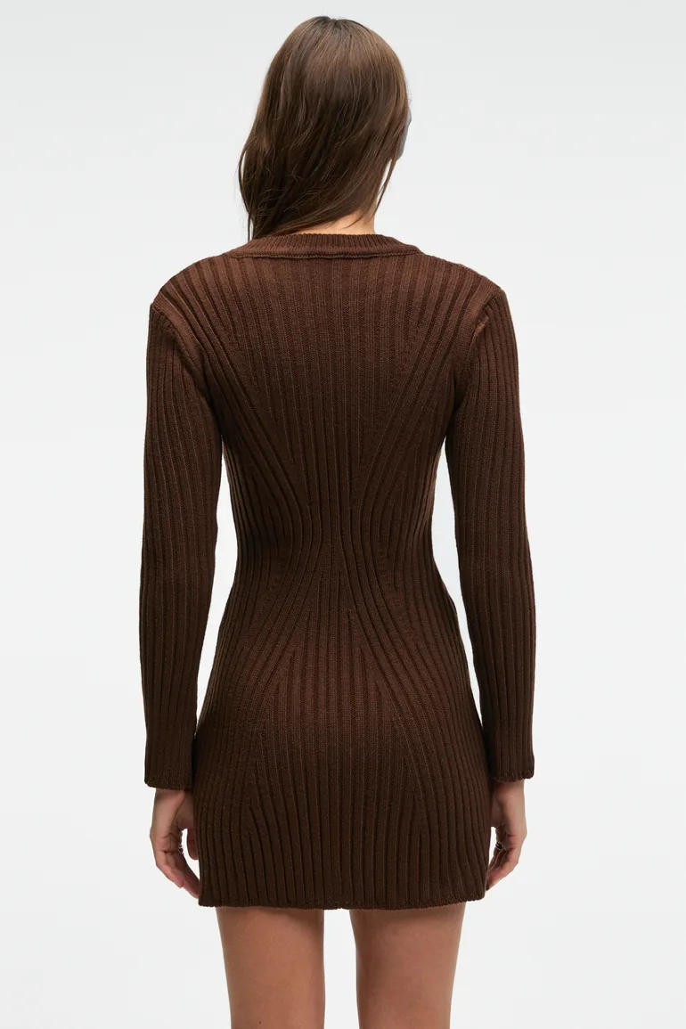 GRIMELANGE ENCANTO Women's Round Neck Striped Slim Fit Brown Dress - 7