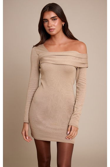 Camel Long Sleeve Asymmetric Knitted Mini Dress