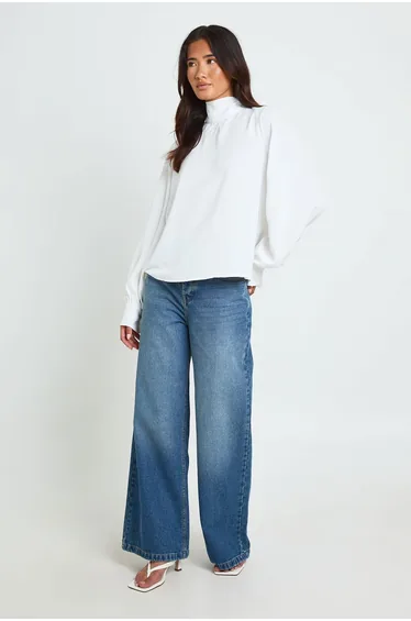High Neck Balloon Sleeve Blouse - white