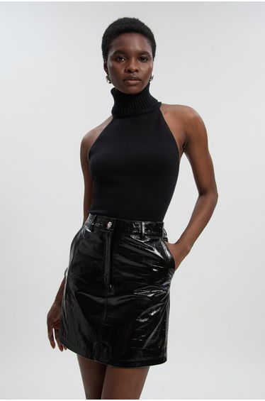 High Shine Croc Embossed Leather Mini Skirt