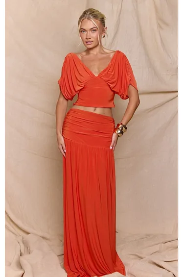 Orange Soft Touch Ruched Waist Maxi Skirt Co-ord