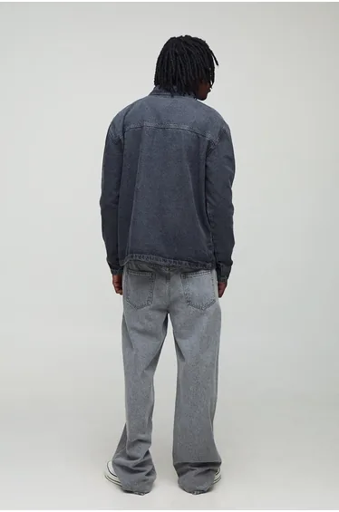 قميص بوهو مان جينز رمادي بأكمام طويلة - طويل القامة