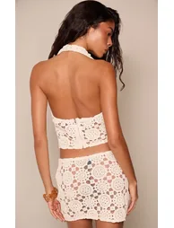 Cream Crochet Cowl Halter Neck Top Co-ord - 2