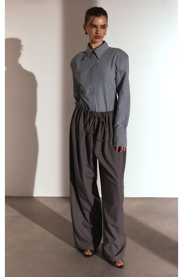 Grey Pleated Eyelet Waistband Wide Leg Trousers