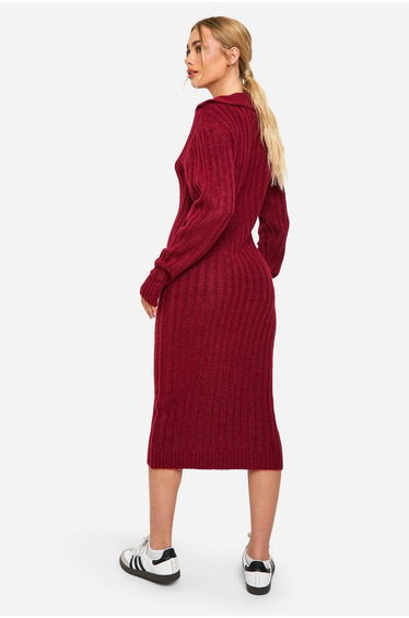Soft Knit Thick Rib Collar Detail Midaxi Dress - berry product thumbnail 2