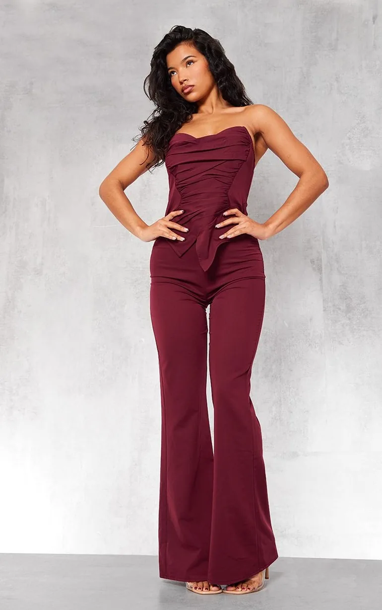 Cherry Red Ruch Pointed Corset Bandeau Jumpsuit - 5