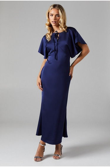 Petite Cape Sleeve Satin Bridesmaids Midi Dress