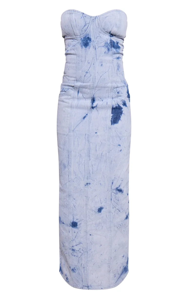 Shop Blue Tie Dye Print Bustier Denim Maxi Dress Online in Oman Shop Blue Tie Dye Print Bustier Denim Maxi Dress Online in Oman