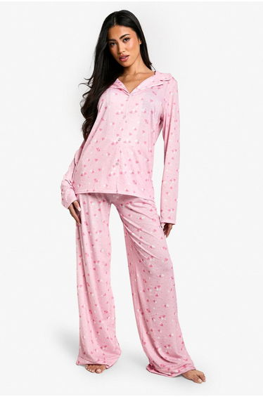 Valentines Heart Print Long Sleeve Shirt & Trouser PJ Set - pink