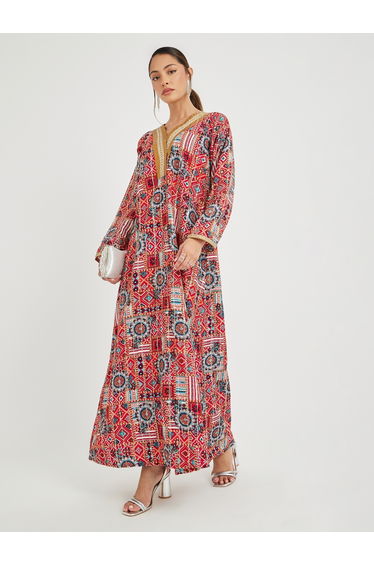 Haute Couture Abstract Print V Neck Jalabiya with Lace Detail