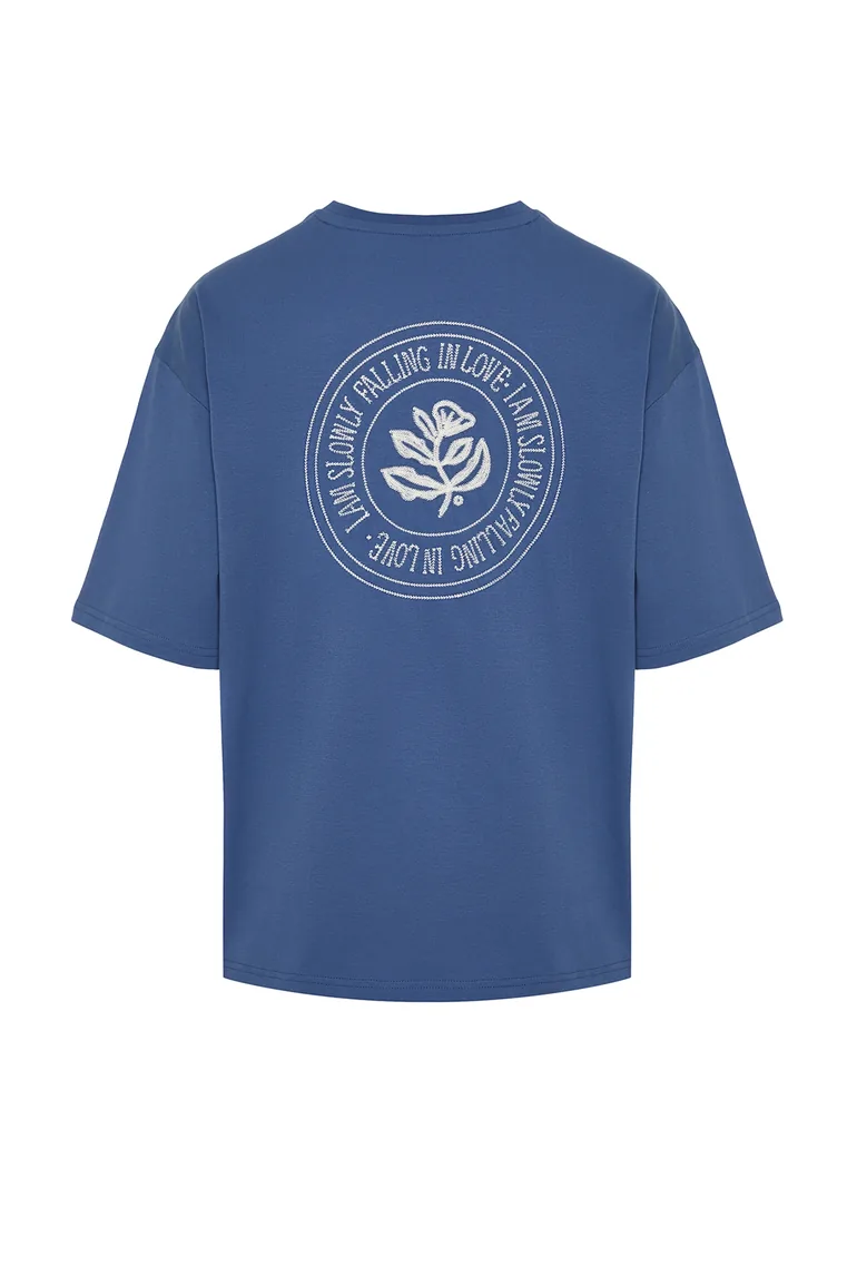 Indigo Men's Oversize Embroidered 100% Cotton T-Shirt - 7