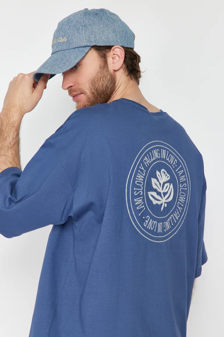 Indigo Men's Oversize Embroidered 100% Cotton T-Shirt - 2