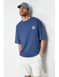 Indigo Men's Oversize Embroidered 100% Cotton T-Shirt - 1
