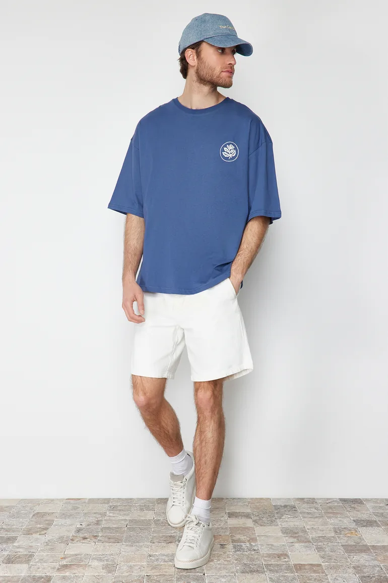 Indigo Men's Oversize Embroidered 100% Cotton T-Shirt