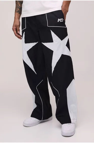 Baggy Star Panel Track Pants - black