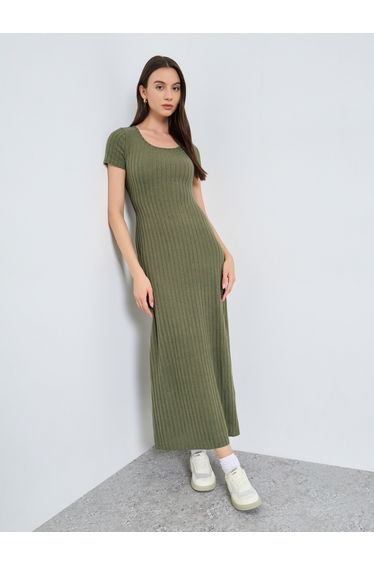 Ribbed Square Neck Fitted Knit Maxi Dress