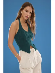 Petrol Halter Neck Slim Blouse - 3