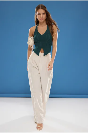 Petrol Halter Neck Slim Blouse