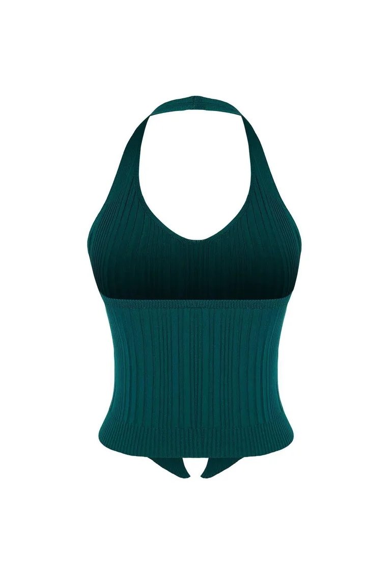 Petrol Halter Neck Slim Blouse - 2