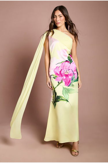 One Shoulder Placement Print Chiffon Maxi Dress