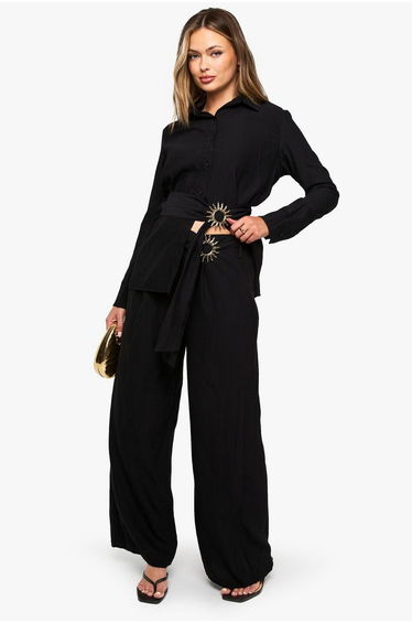 Crinkle Crepe Gold Trim Wide Leg Trouser - black