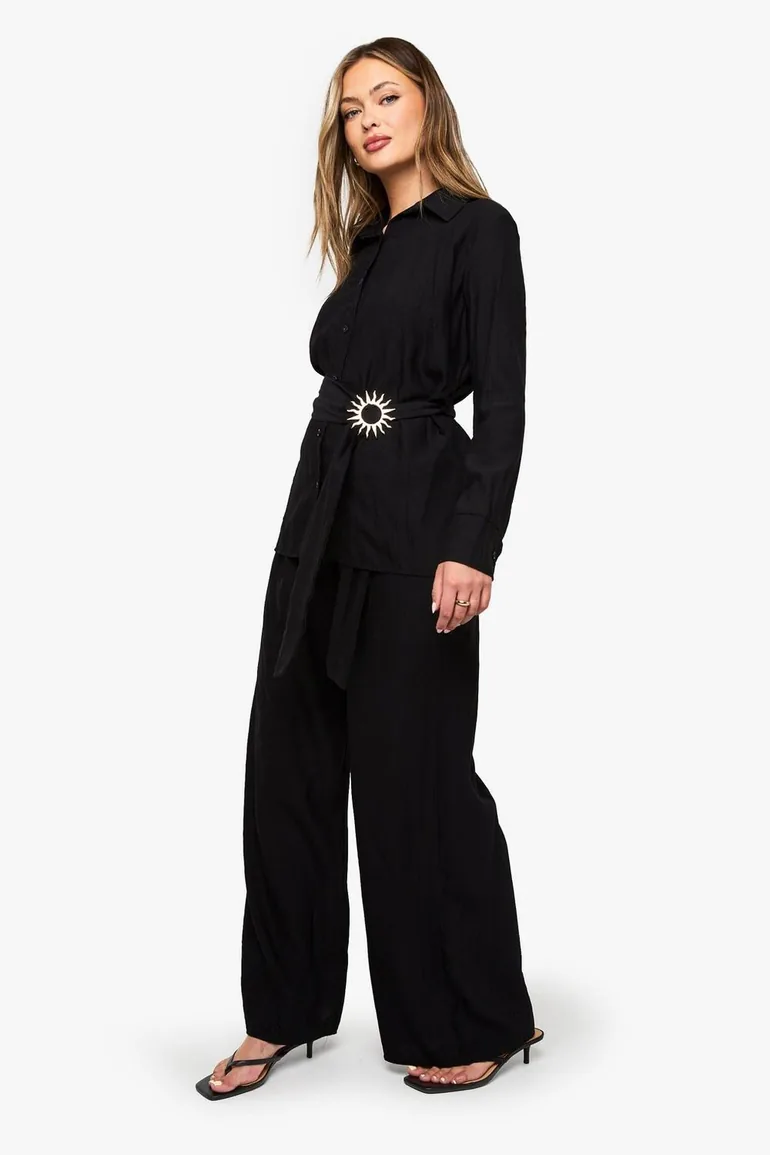 بنطلون كريب بأرجل عريضة بحواف ذهبية - أسود - 2