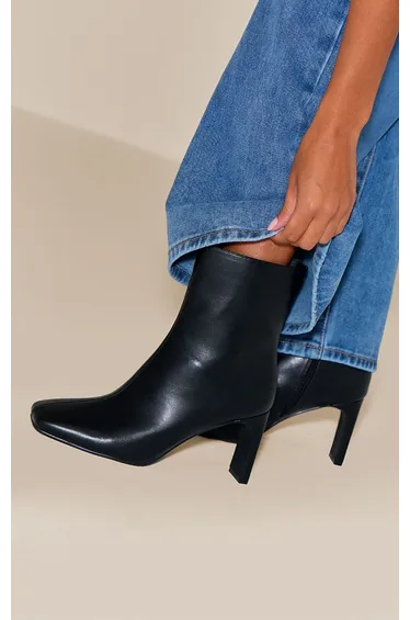 Black PU Slim Block Heel Ankle Boots