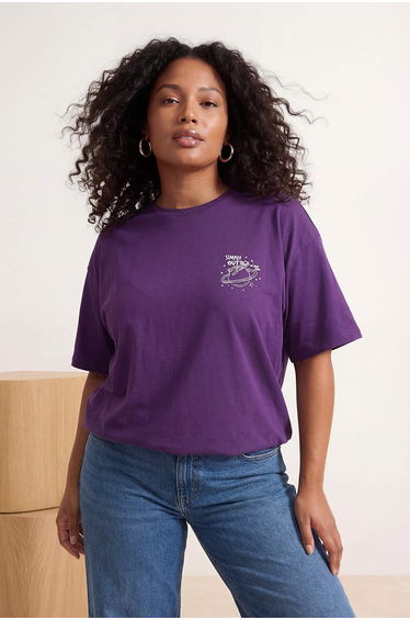 Purple 100% Cotton Oversize/Wide Fit Galaxy Printed Plus Size Knitted T-Shirt