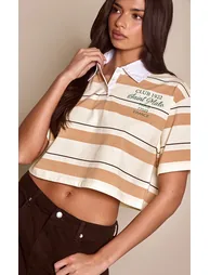 Beige Saint Malo Striped Cropped Collar Detail Short Sleeve T-Shirt - 3