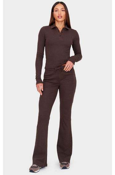 Tall Chocolate Drawstring Rib Flare Trousers