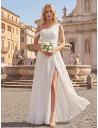 ever ERIKA|Thigh-High Slit Chiffon Dropped shoulders Bridesmaid Dress - 9