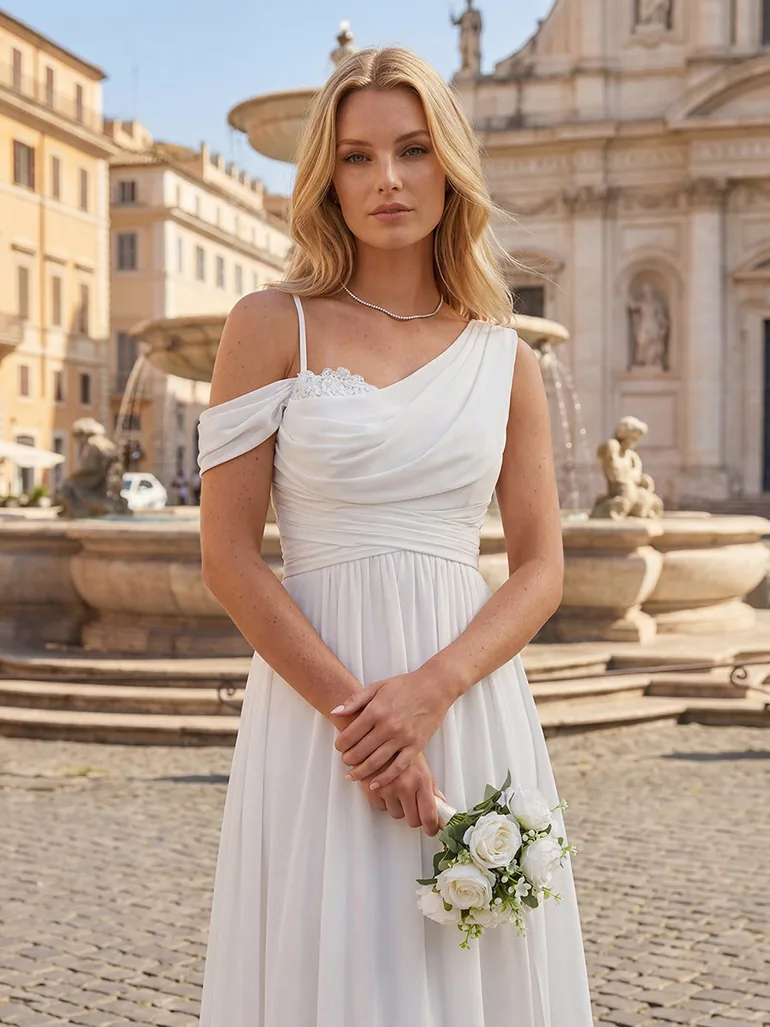 ever ERIKA|Thigh-High Slit Chiffon Dropped shoulders Bridesmaid Dress - 11