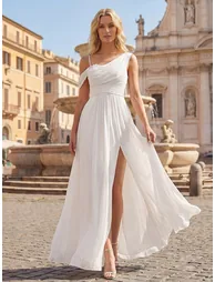 ever ERIKA|Thigh-High Slit Chiffon Dropped shoulders Bridesmaid Dress - 7