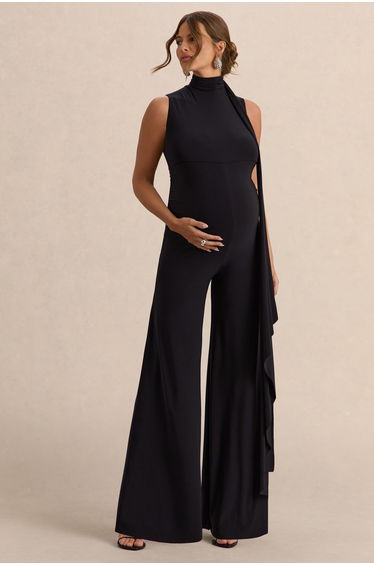 Renza | Black High-Neck Maternity Jumpsuit With Scarf Detail