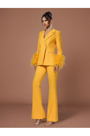 QOQ Fashion Design Solid Color Feather Cuff Jacket and Pants Ladies Suit Set