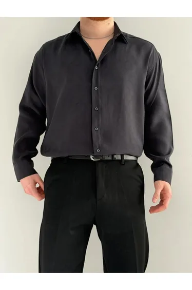 Black Regular Fit Modal Textured Thin Summer Shirt
