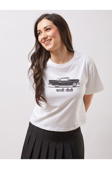 White Car Graphic Print Boxy Crop T-Shirt
