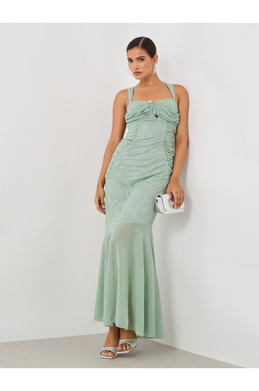 Lace Insert Strappy A-Line Maxi Dress