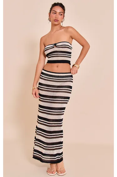 Chocolate Stripe Crochet Knitted Maxi Skirt