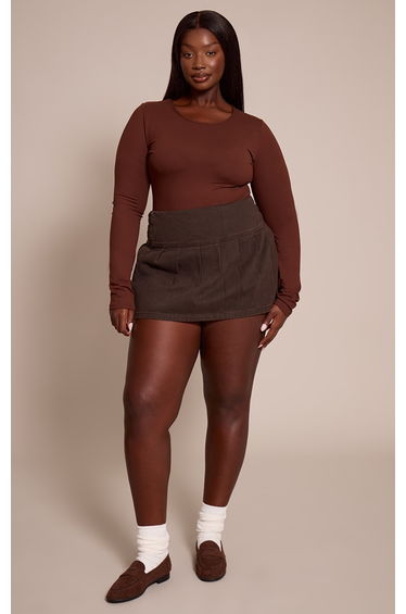 Plus Dark Chocolate Floaty Pleated Denim Mini Skirt
