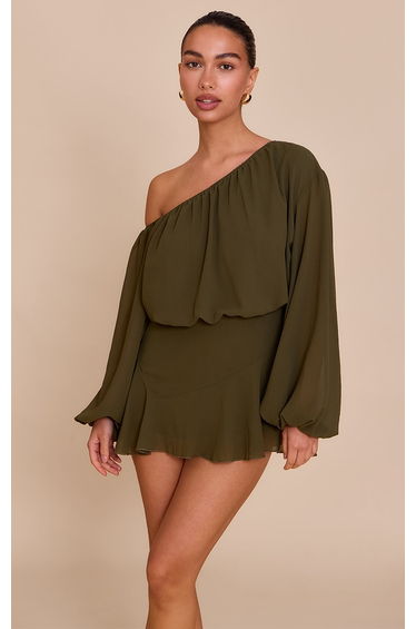 Dark Olive Chiffon One Shoulder Floaty Detail Skort Playsuit