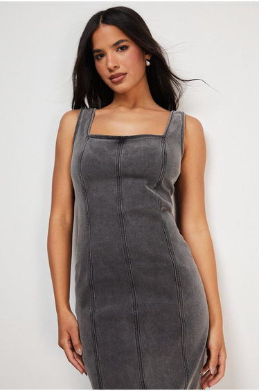 Seam detail fitted denim midi dress product thumbnail 4