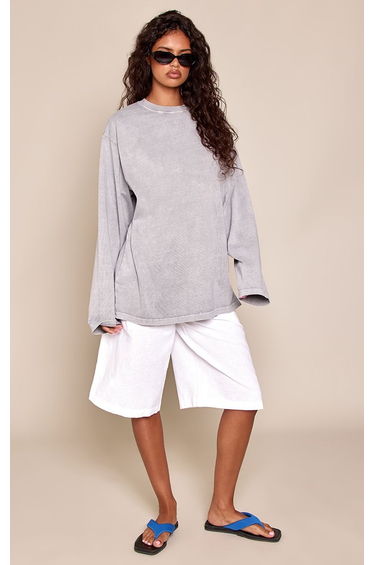 Grey Acid Wash Cotton Oversized Long Sleeve T-Shirt