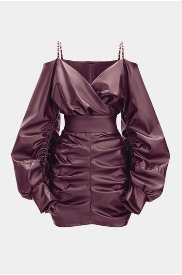 Faux Leather Metallic Chain Crossed Ruched Long Sleeve Mini Dress